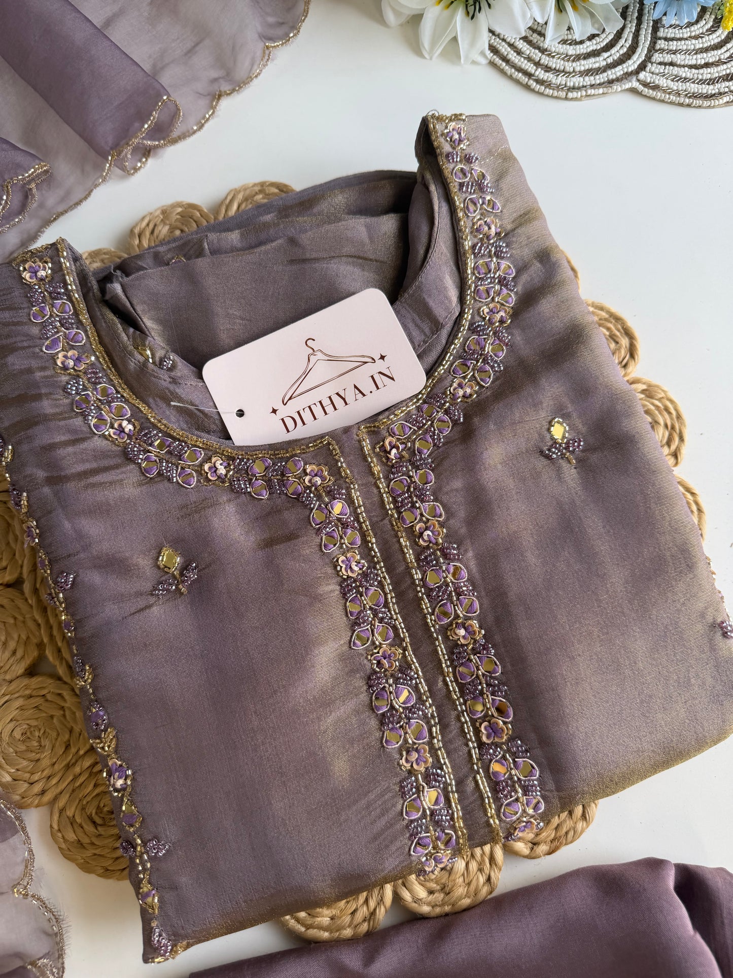 K635 - Tissue silk handwork Anarkali with pants and dupatta