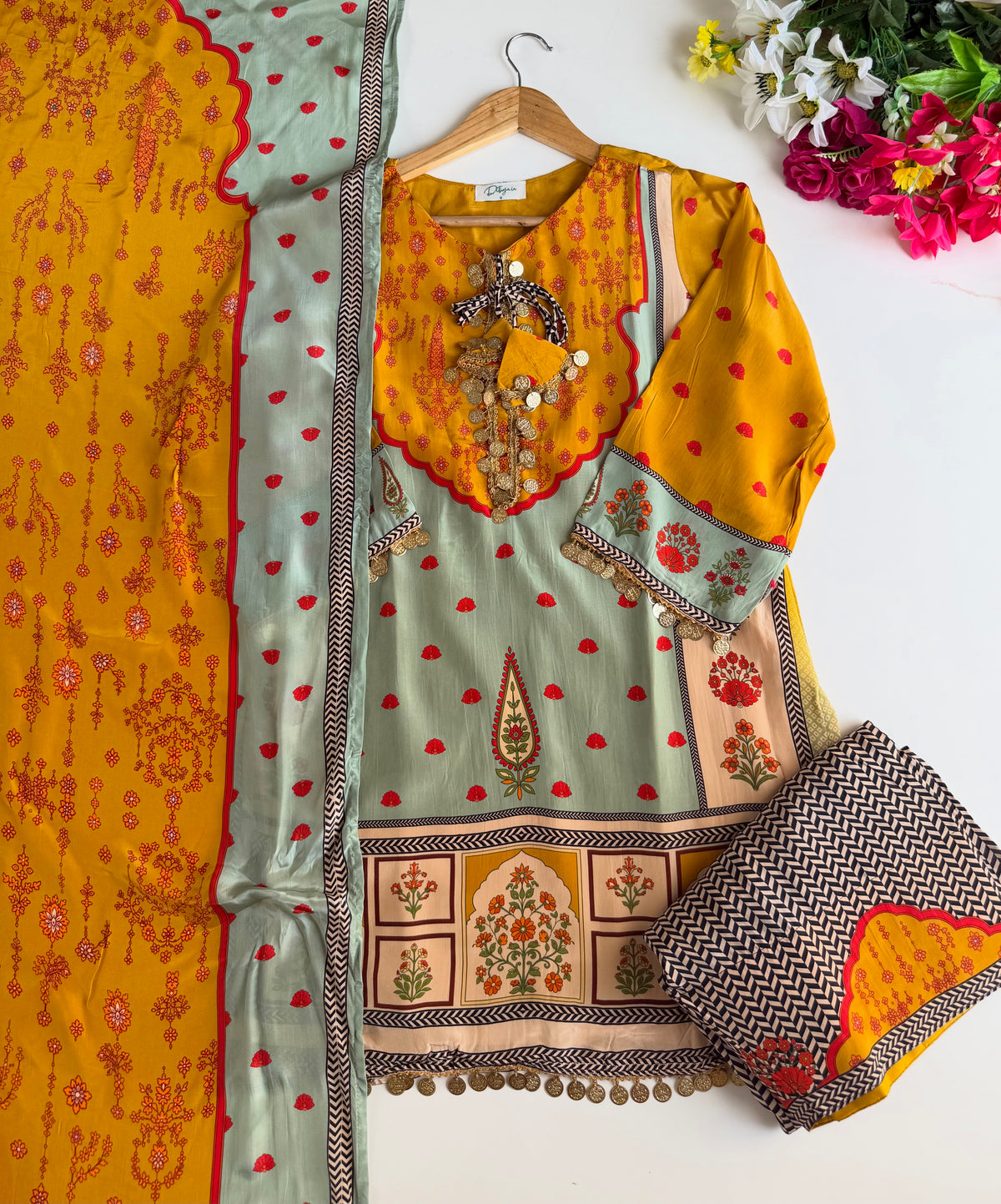 K635 - Pure crape printed coin work farshi salwar with pants and dupatta