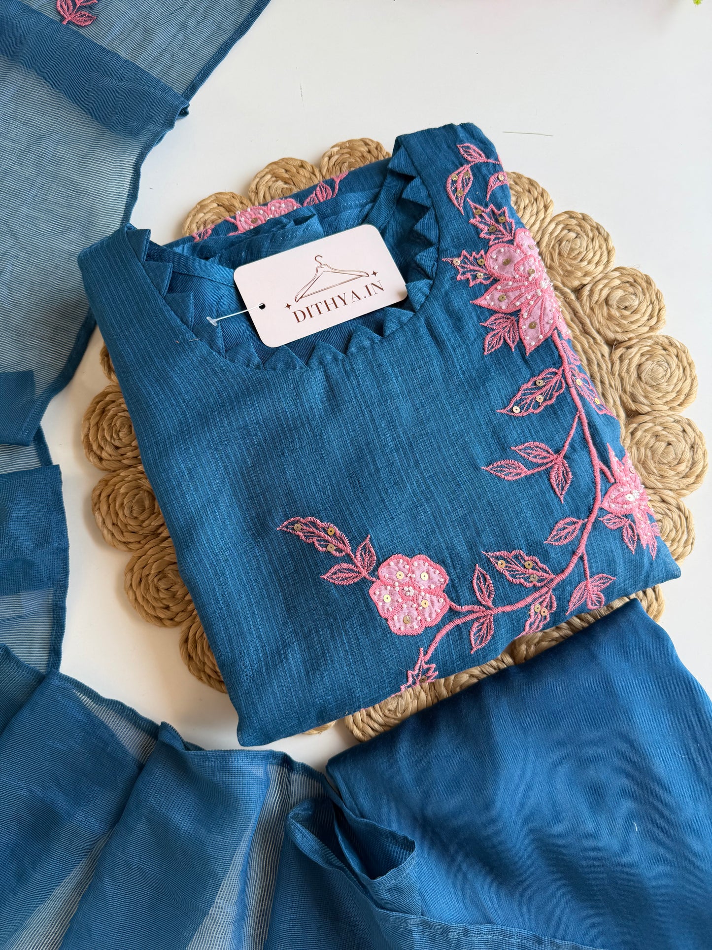 K390 - Kota doriya handwork appliqué Aline Kurti with pants and dupatta