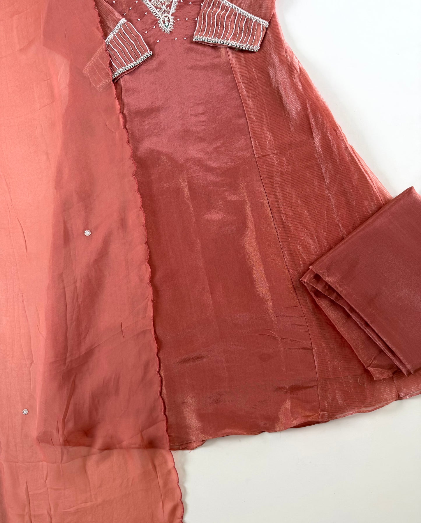 K110 - Tissue silk pearl work Anarkali with pants and dupatta