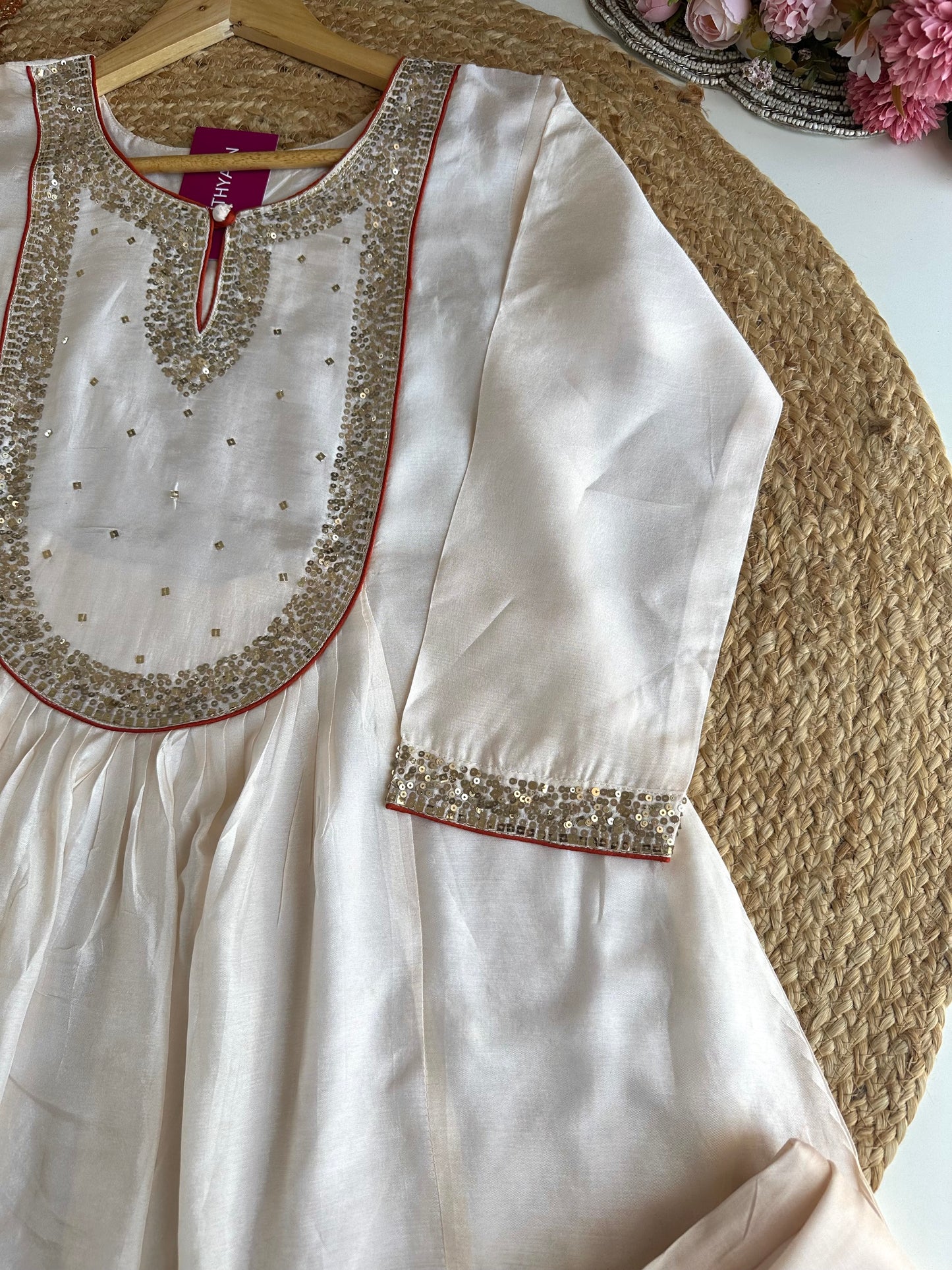 K141 - Russian silk sequins work Aline Kurti with pants and dupatta in 2 colours