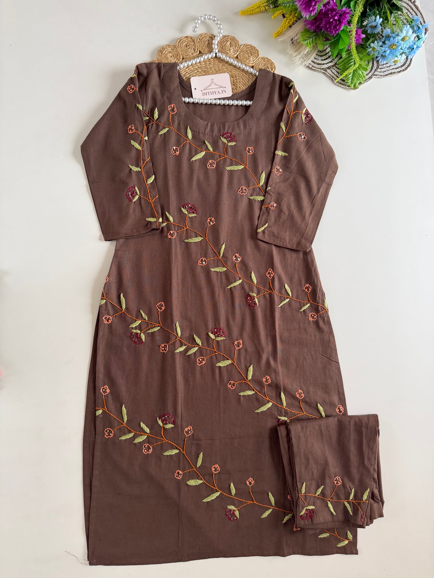 K596 - Cotton embroidery straight Kurti with pants