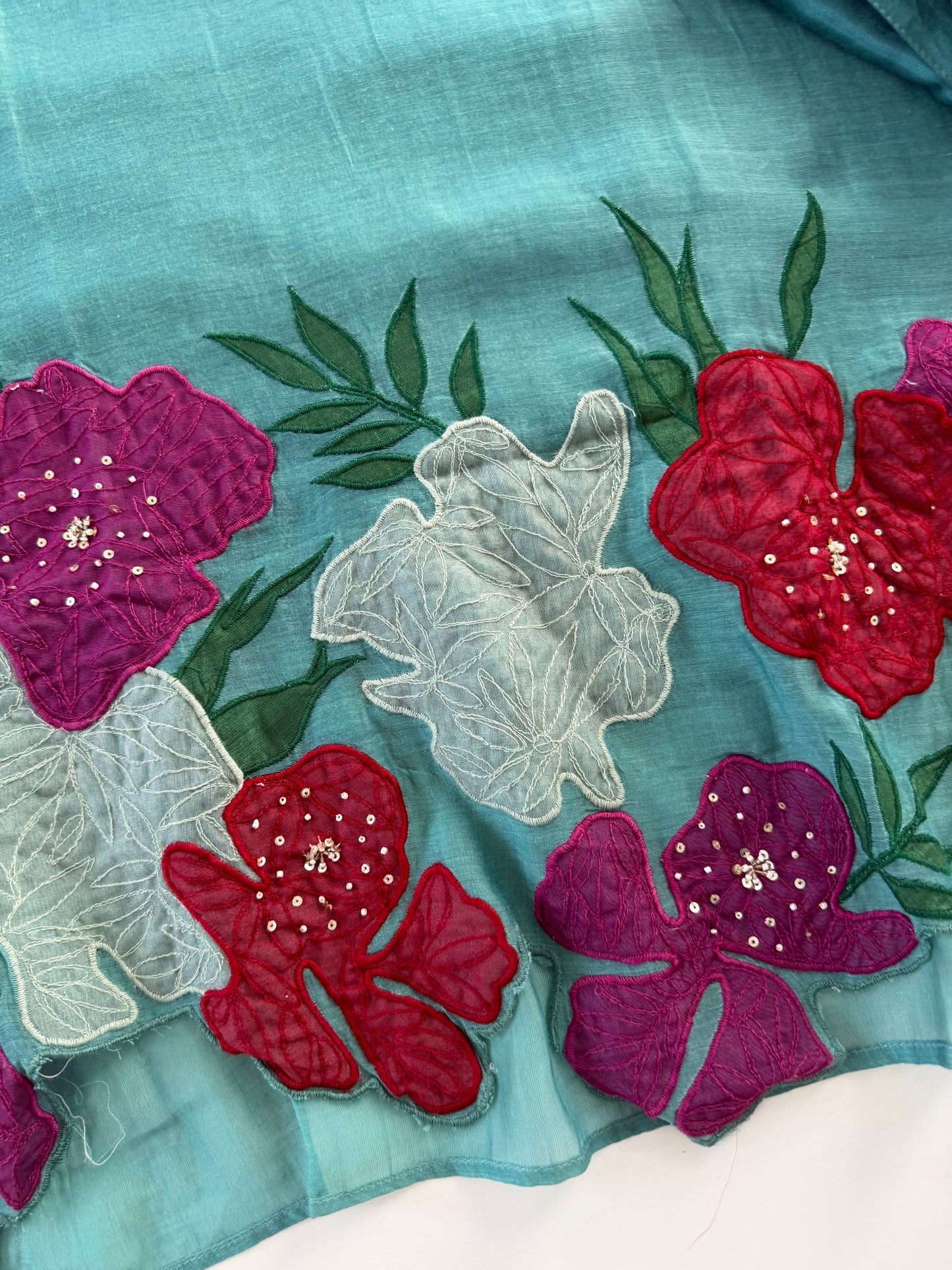 K251 - Mul chanderi appliqué work aline Kurti with pants and dupatta