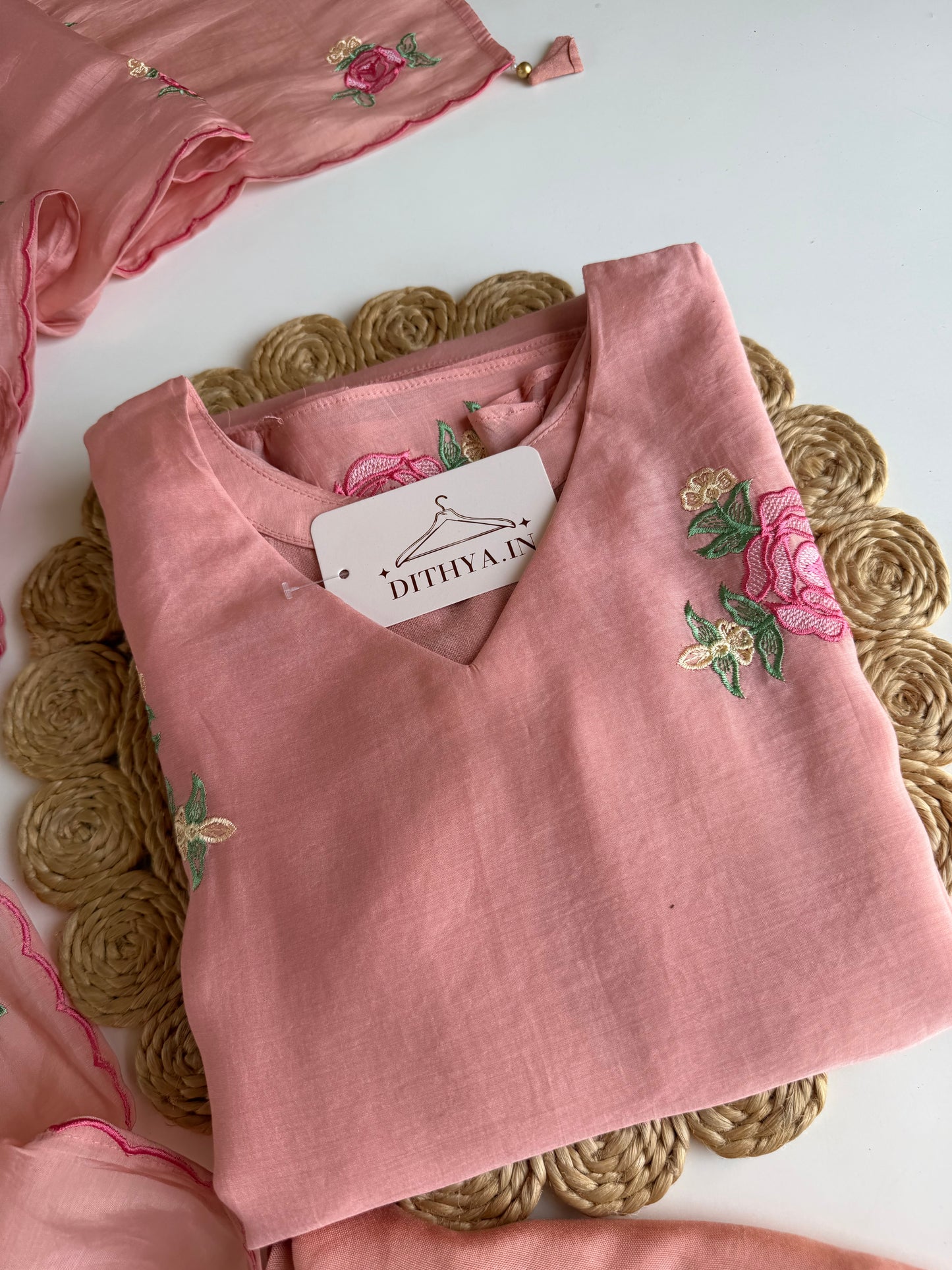 K648 - Surat Mul chanderi embroidered straight Kurti with pants and dupatta