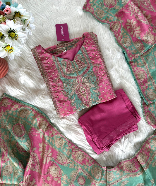 K070 - Pure shimmer tissue jodhpuri handwork straight Kurti with pants and dupatta