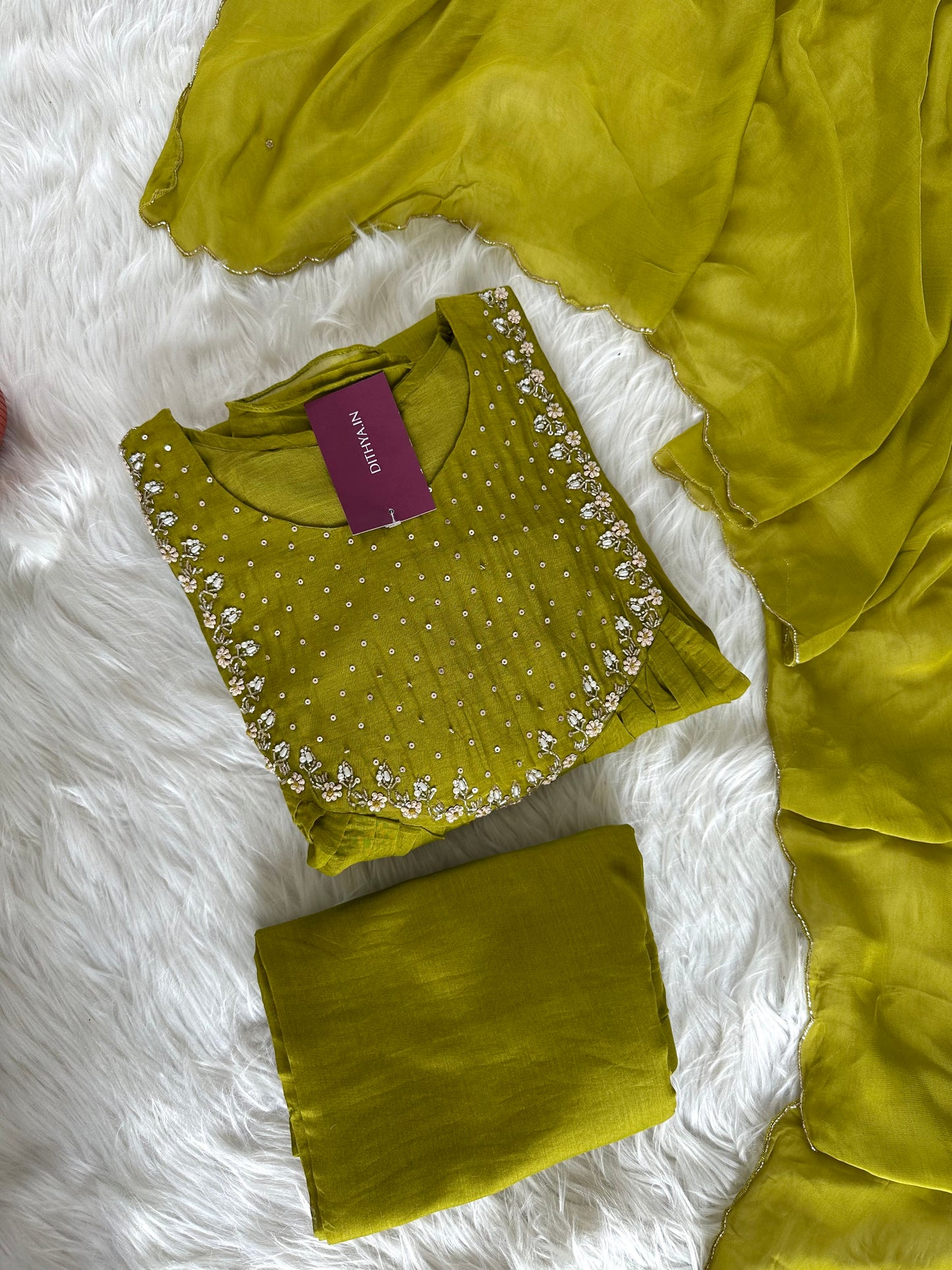 K087 - Mul Chanderi handwork Aline Kurti with pants and dupatta in 3 colours