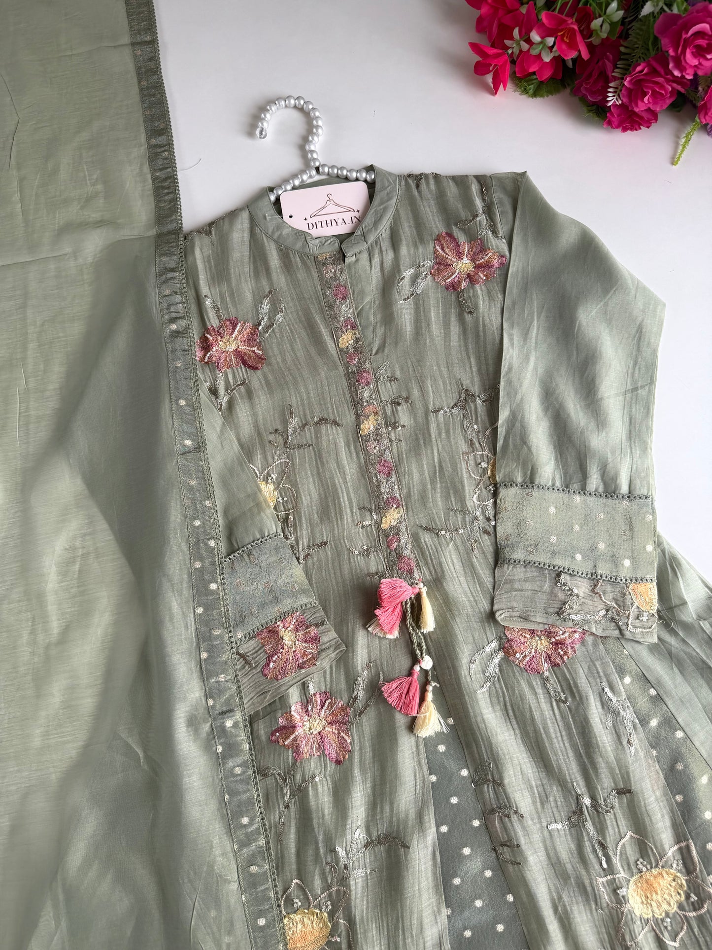 K606 - Mul chanderi tissue embroidered Anarkali with pants and dupatta