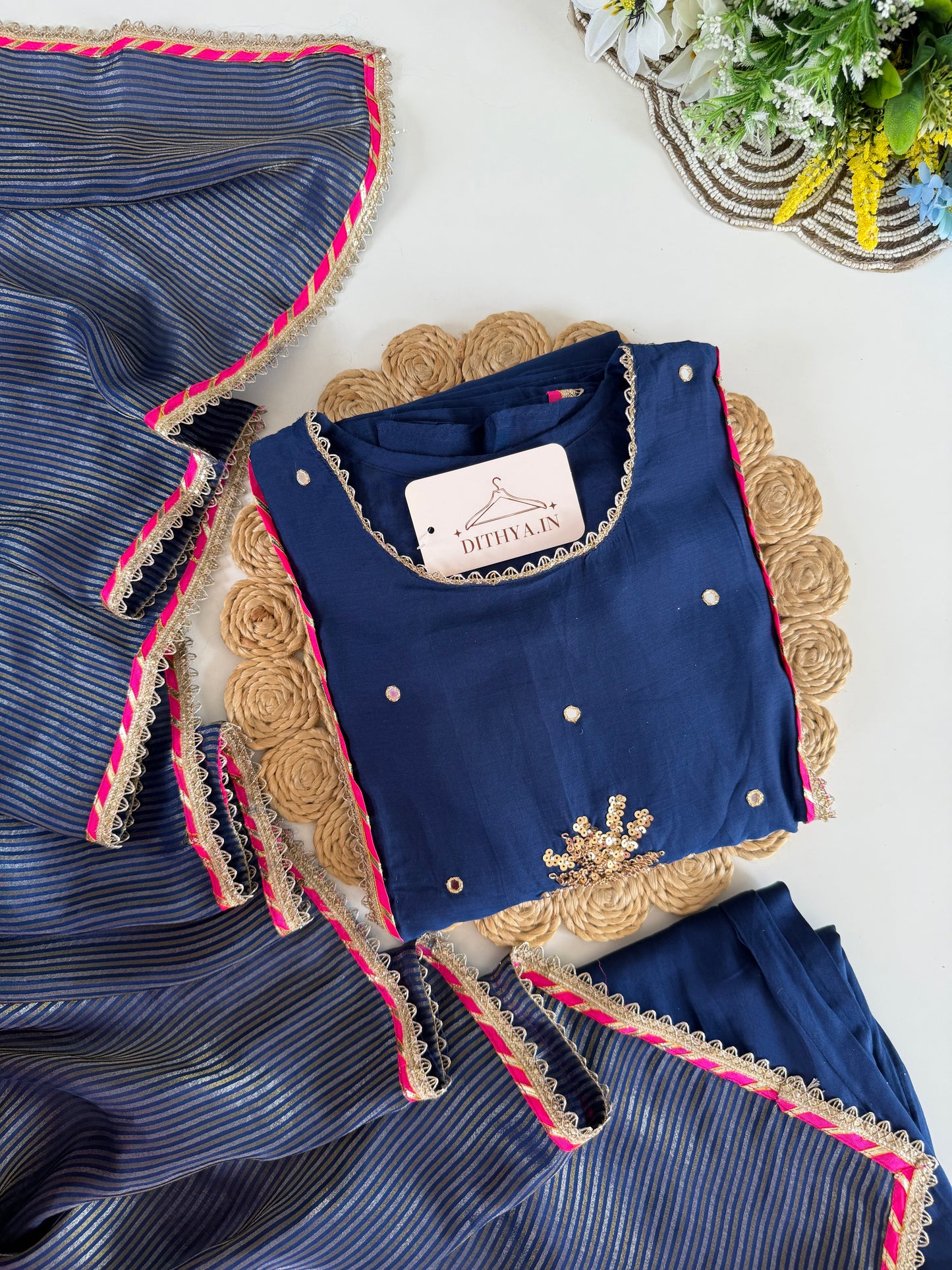 K118 - Mul chanderi handwork aline Kurti with pants and dupatta