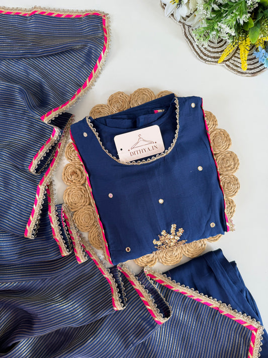 K118 - Mul chanderi handwork aline Kurti with pants and dupatta