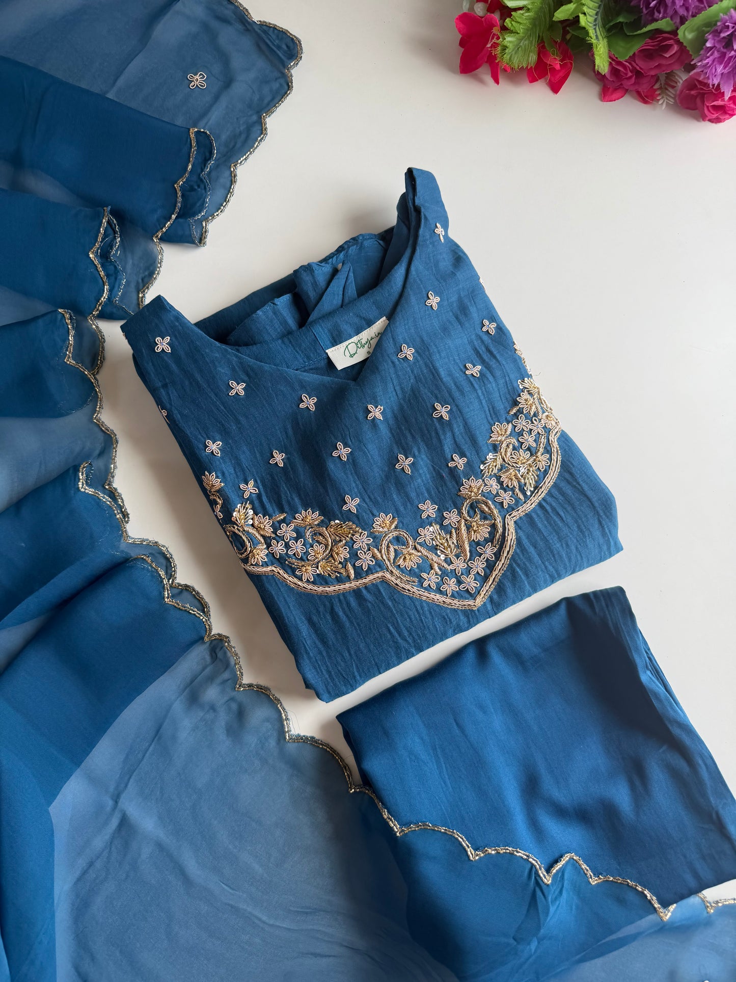 K328 - Mul chanderi handwork aline Kurti with pants and dupatta in 2 colours