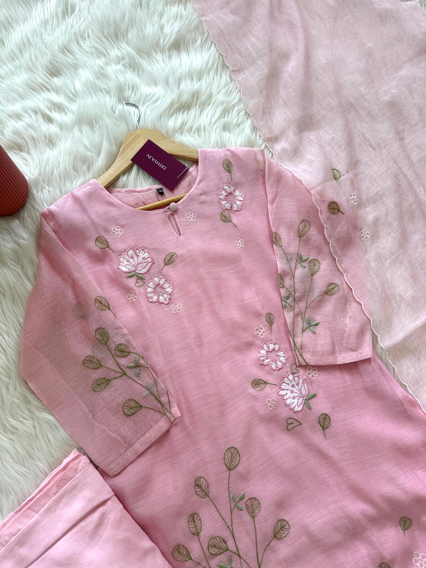 K086 - Mul Chanderi Appliqué work Aline Kurti with pants and dupatta