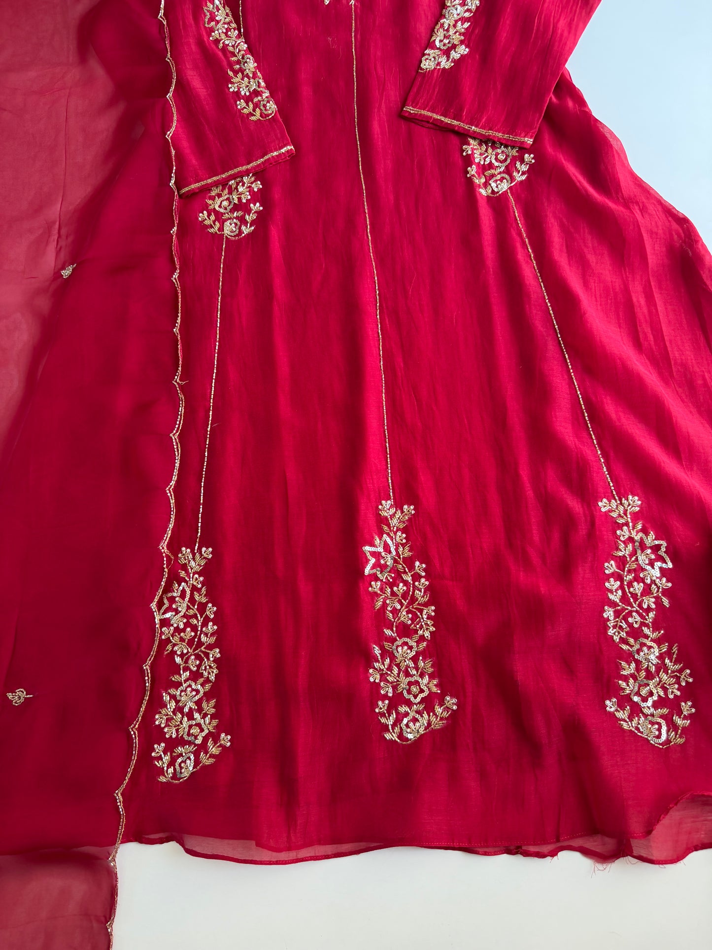 K106 - Mul chanderi handwork Aline Kurti with pants and dupatta