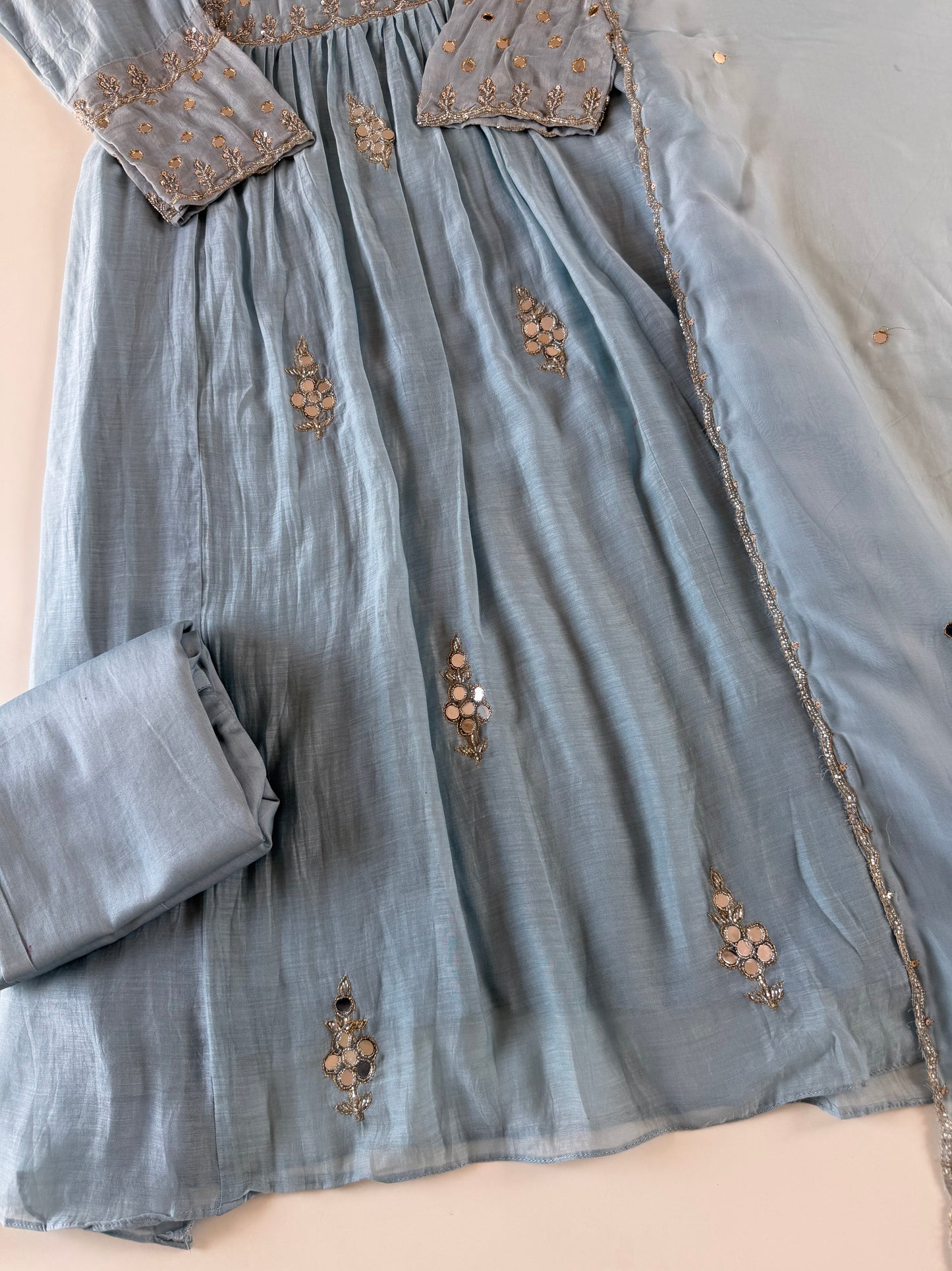 K642 - Mul chanderi mirror work Anarkali with pants and dupatta