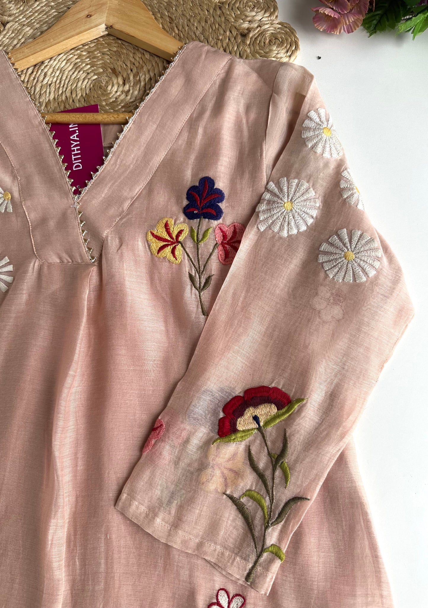 K302 - Mul Chanderi Appliqué work Aline Kurti with pants and dupatta