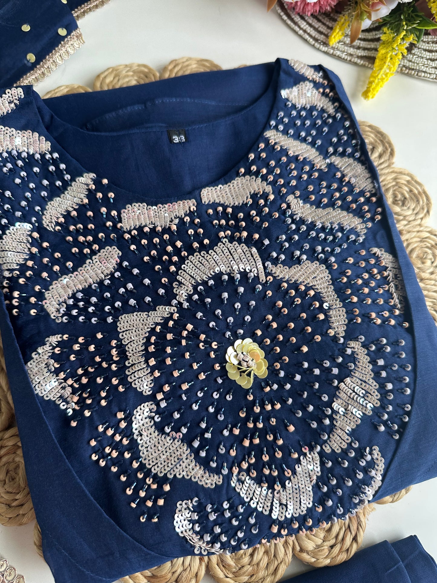 K032 - Pure mul Chanderi handwork Aline Kurti with pants and dupatta in 3 colours