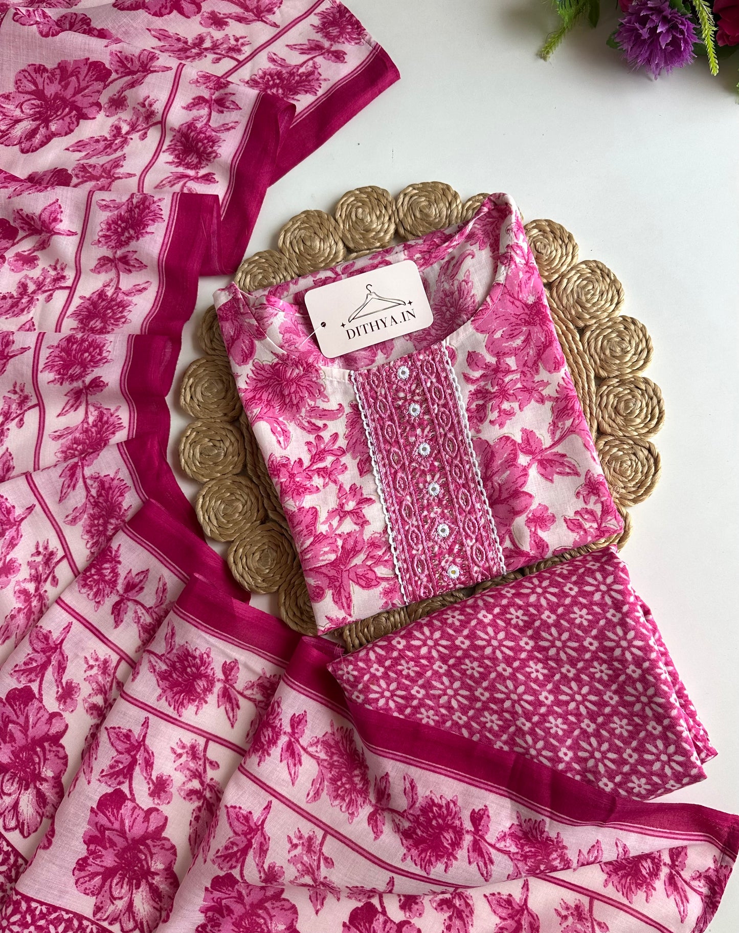K213 - Cotton embroidered straight Kurti with pants and dupatta