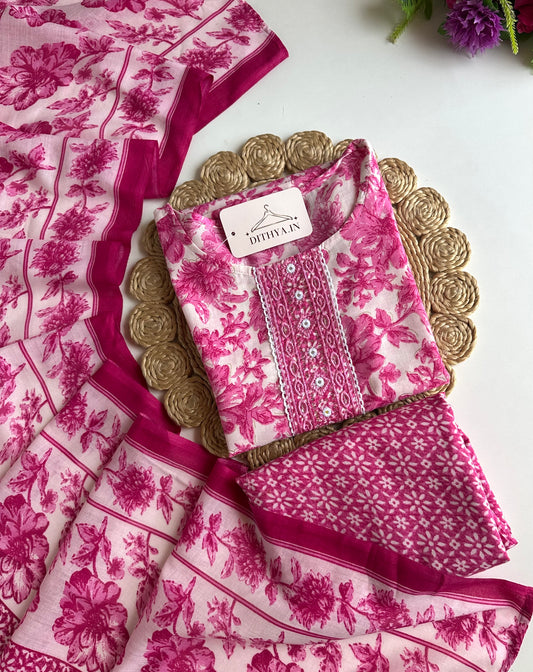 K213 - Cotton embroidered straight Kurti with pants and dupatta
