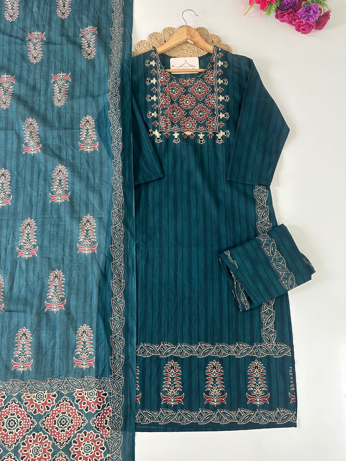 K100 - Mul cotton printed straight Kurti with pants and dupatta