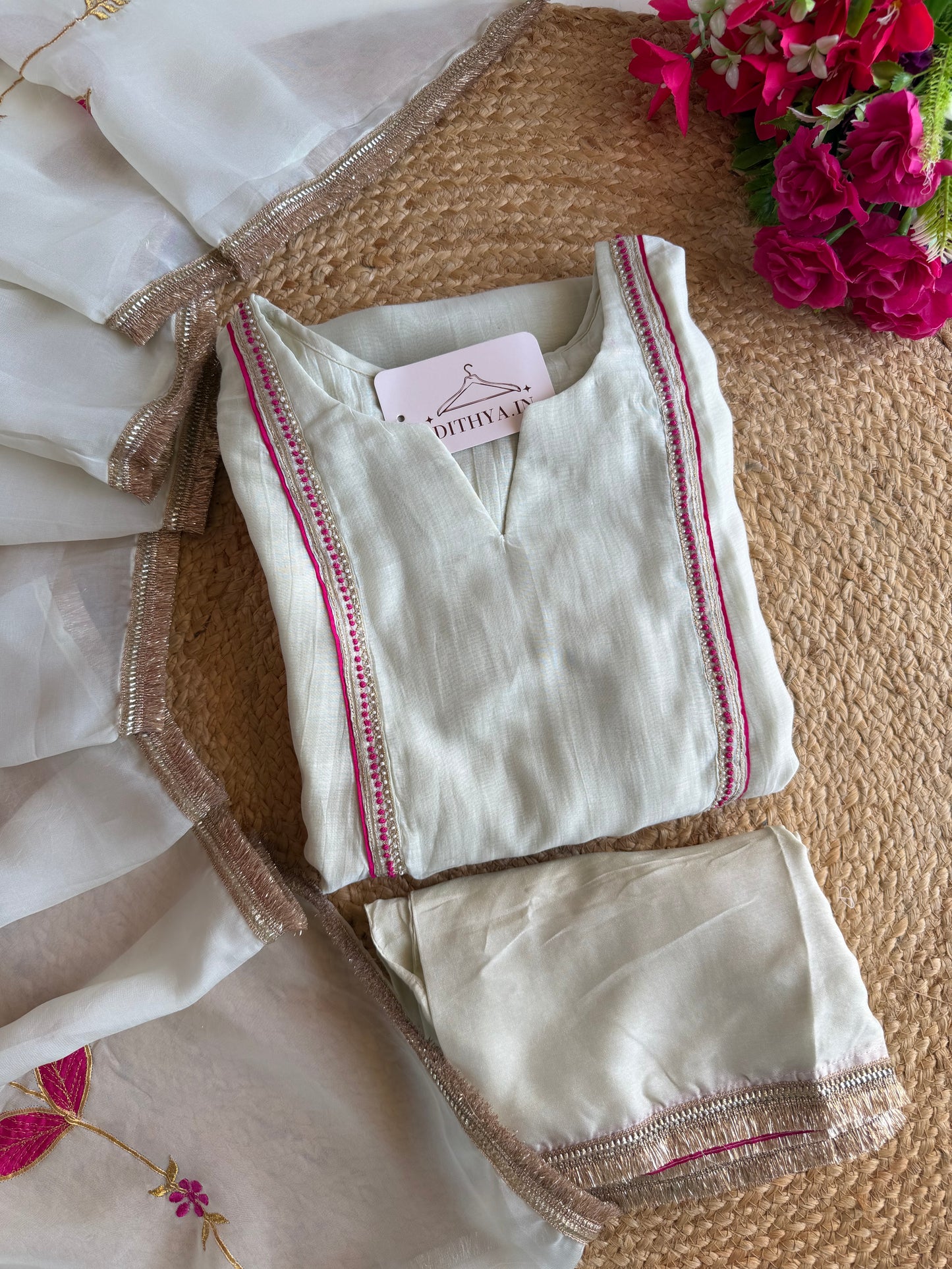 K323 - Mul Chanderi gota handwork aline Kurti with pants and dupatta