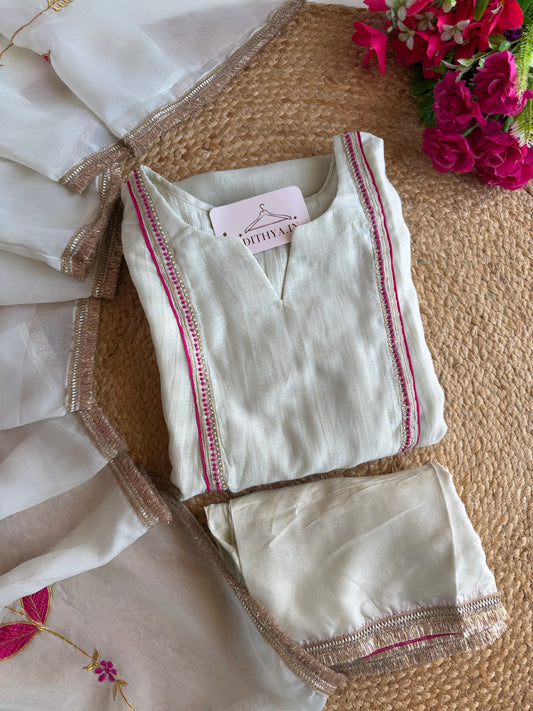 K323 - Mul Chanderi gota handwork aline Kurti with pants and dupatta