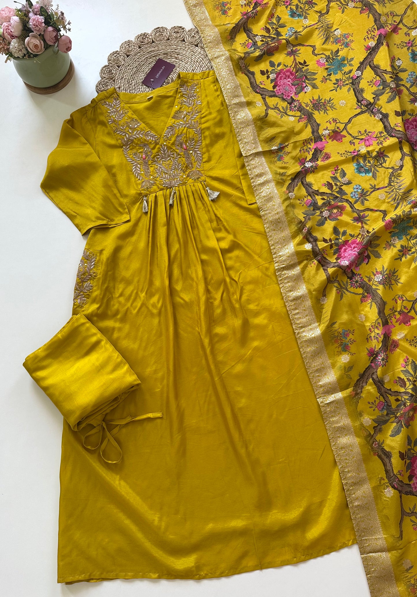 K228 - Russian silk handwork Anarkali with pants and Banarasi silk floral dupatta .