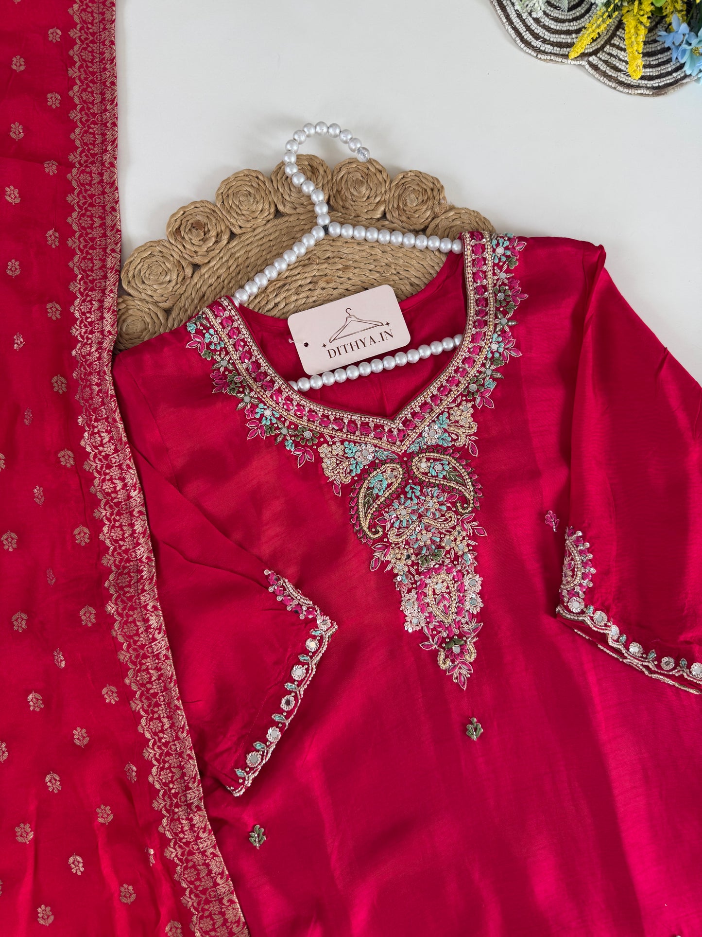 K643 - Dola silk Handwork straight Kurti with pants and dupatta