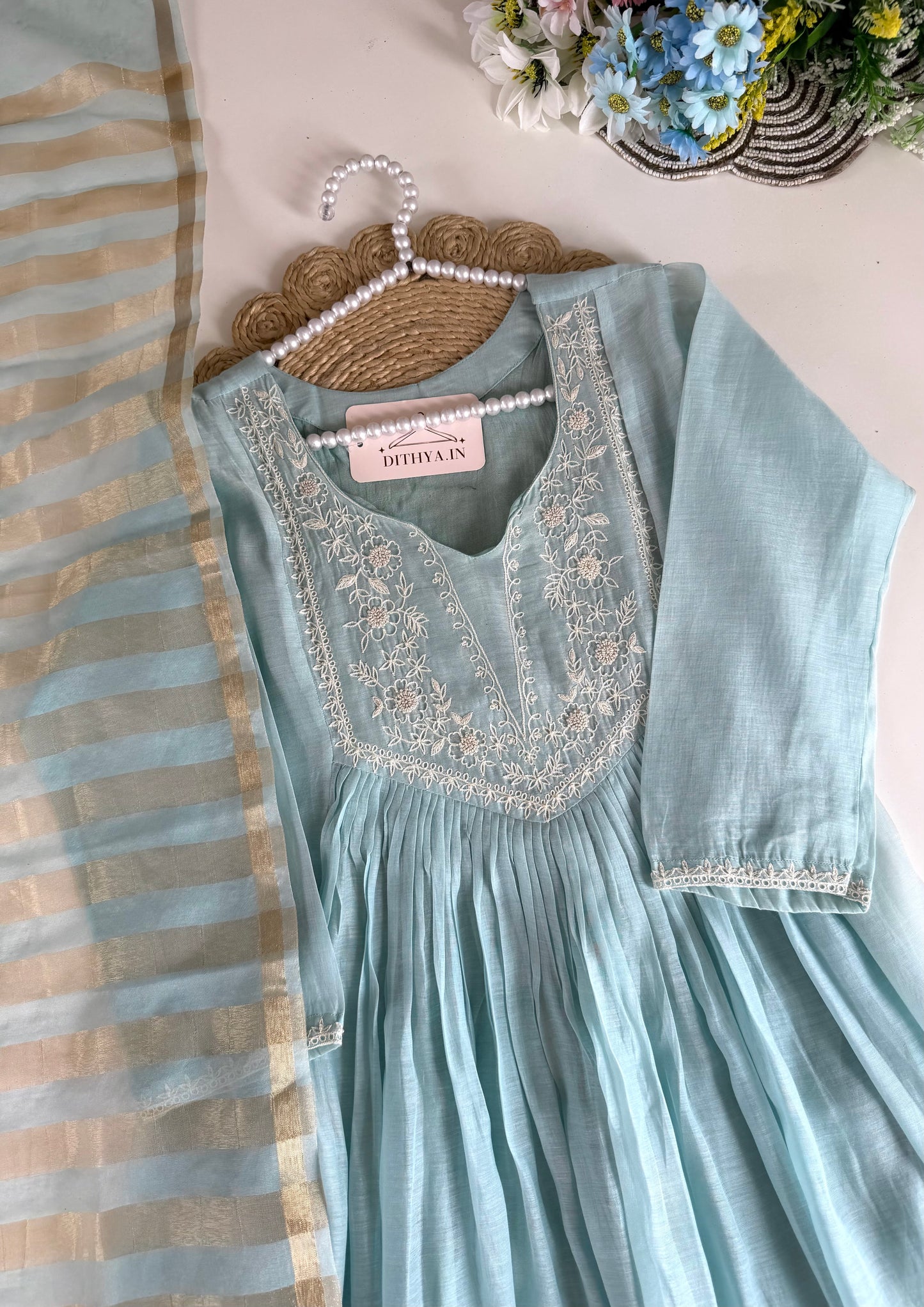 K638 - Mul chanderi embroidered Anarkali with pants and dupatta