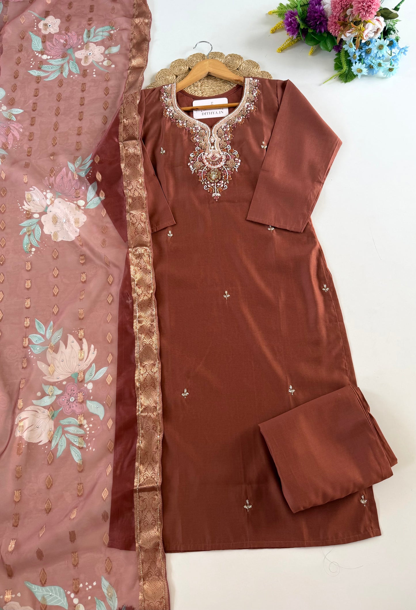 K526 - Roman silk handwork straight Kurti with pants and dupatta