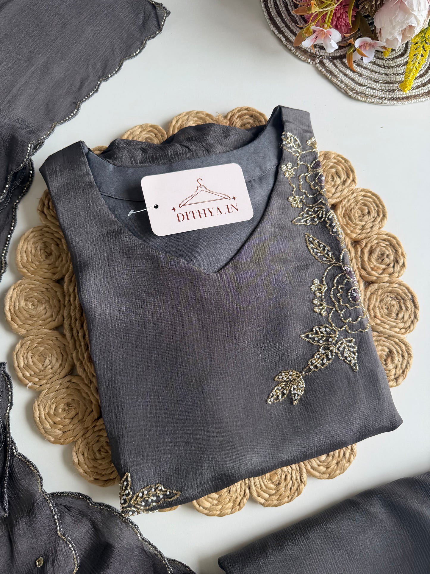 K114 - Pure Chinnon handwork aline Kurti with pants and dupatta