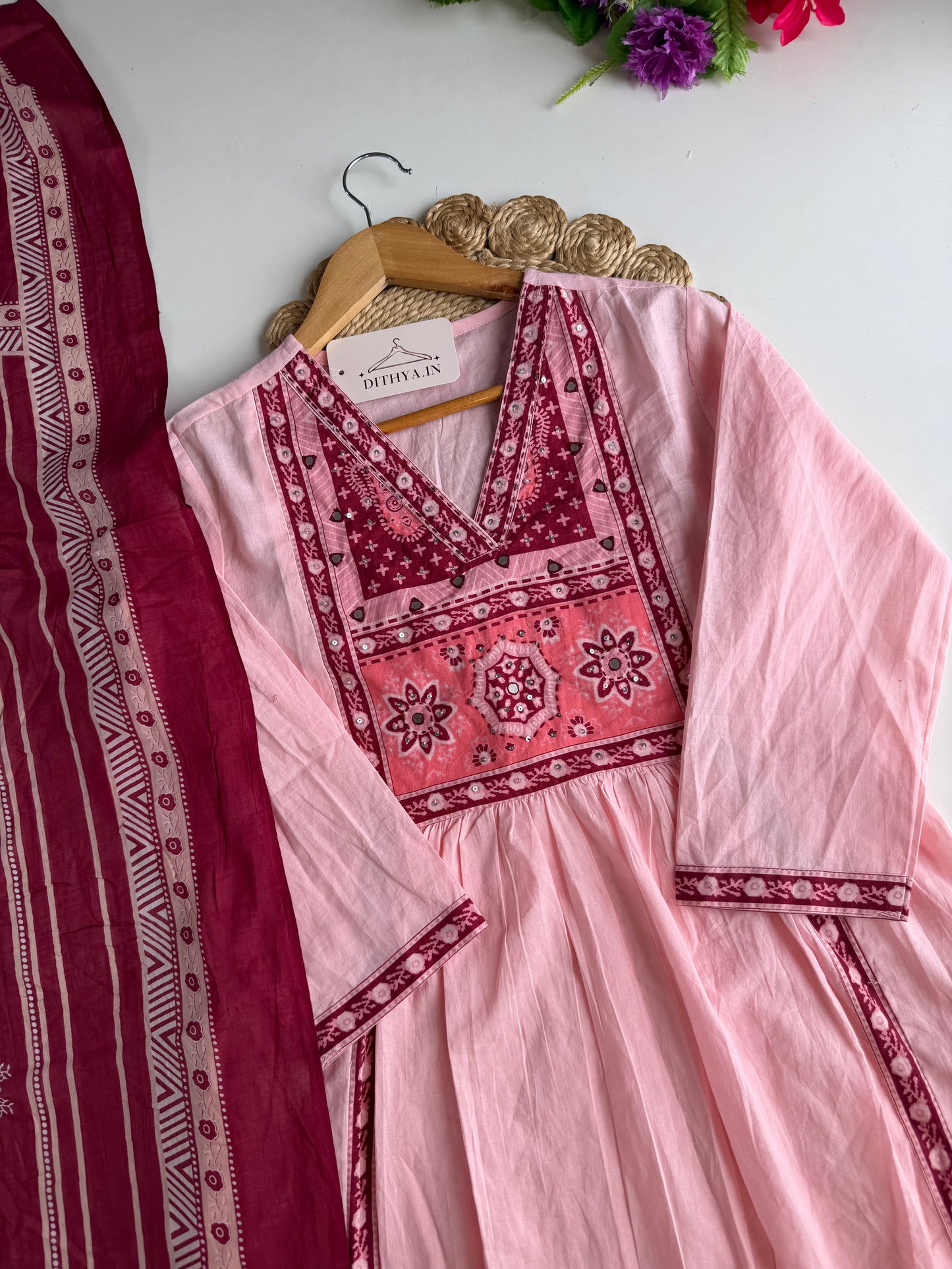 K349 - Mul cotton embroidered Anarkali with pants and dupatta