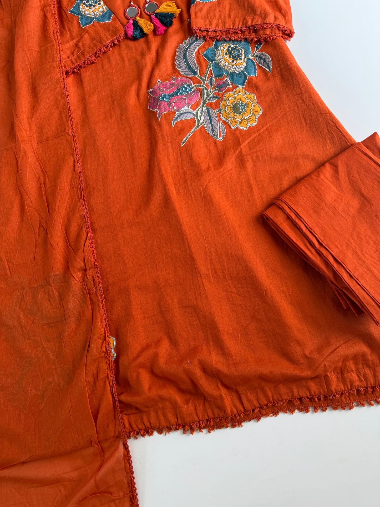 K686 - Cotton appliqué Aline Kurti with pants and dupatta