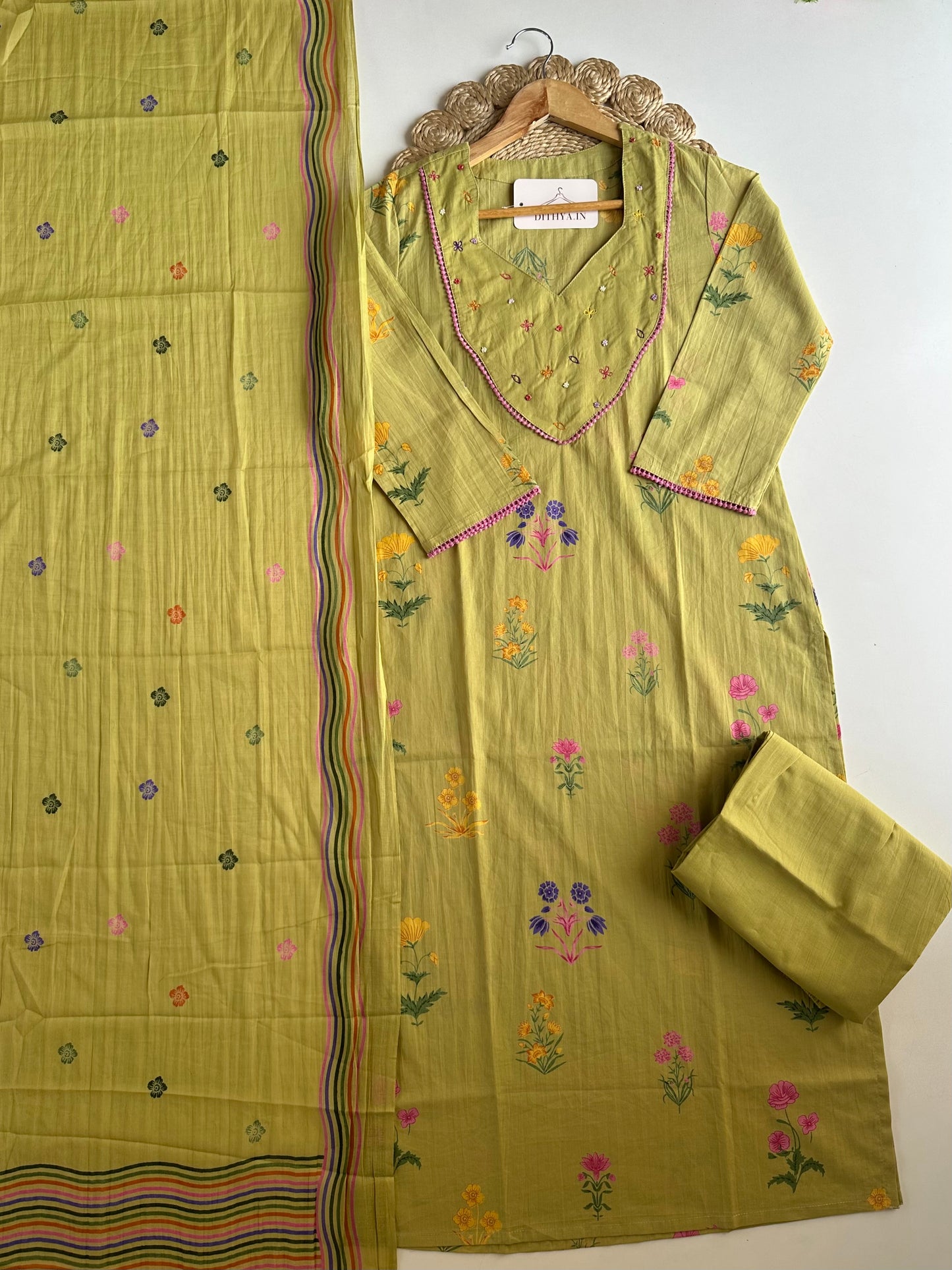 K270 - Mul cotton embroidered straight Kurti with pants and dupatta
