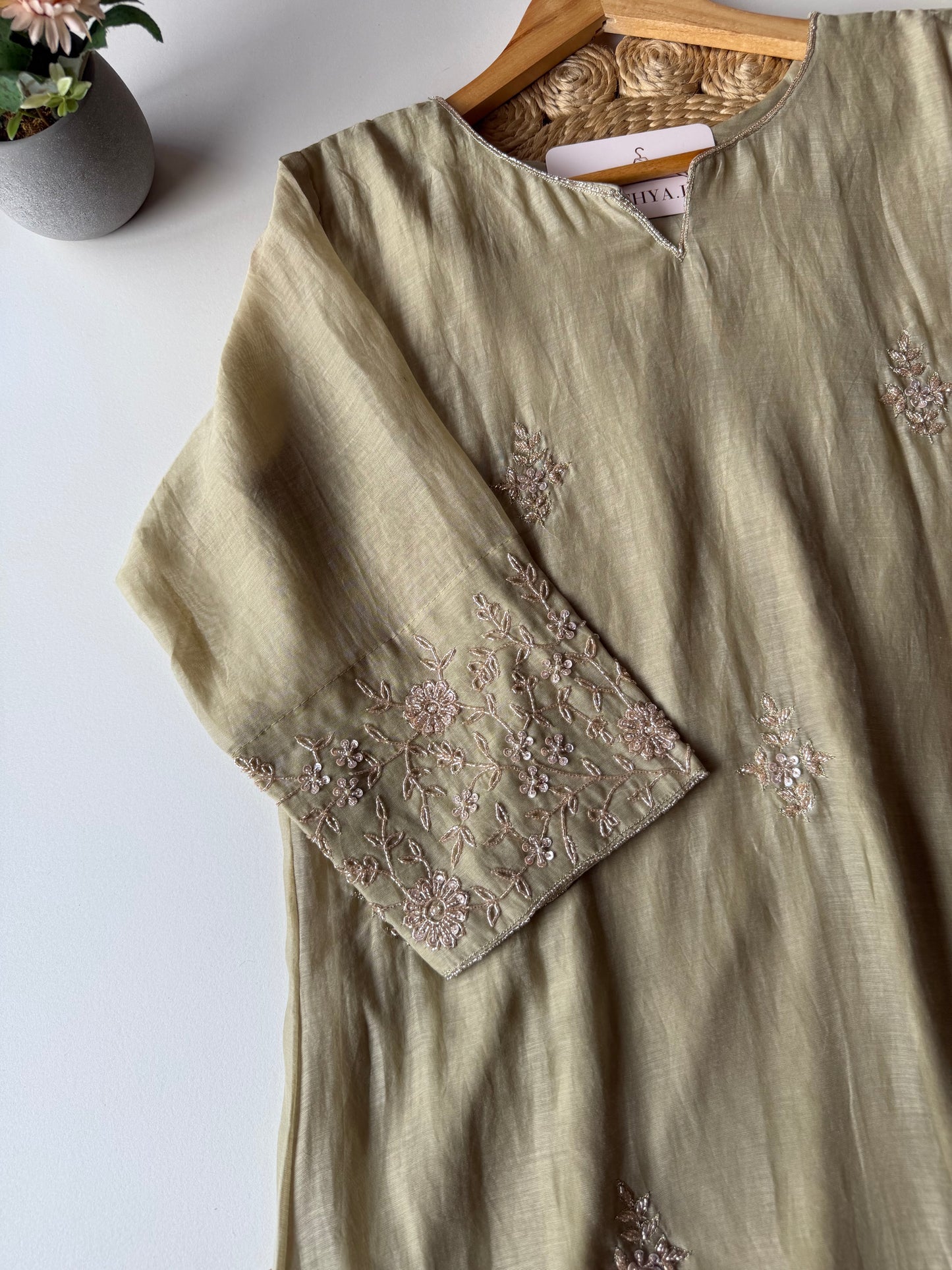 K183 - Mul chanderi handwork aline Kurti with pants and dupatta