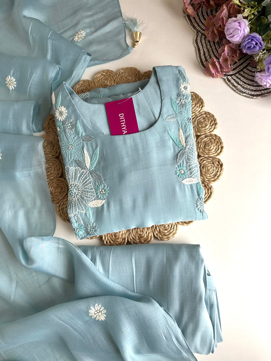 K319 - Mul Chanderi embroidered Aline Kurti with pants and dupatta