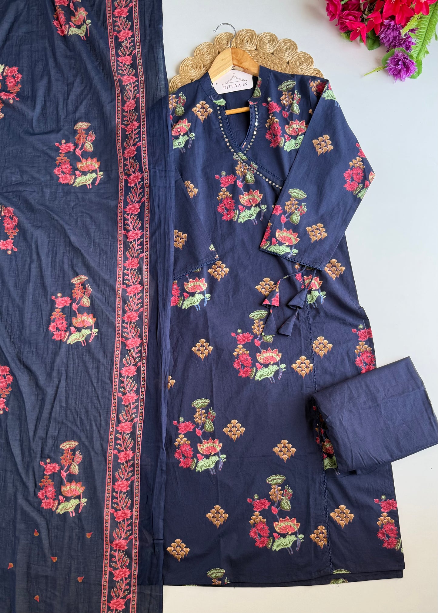 K730 - Mul cotton floral angrakha straight Kurti with pants and dupatta