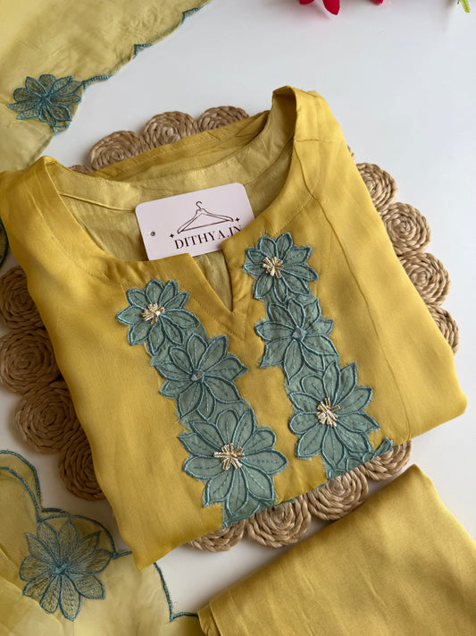 K273 - Viscose organza appliqué work straight Kurti with pants and dupatta