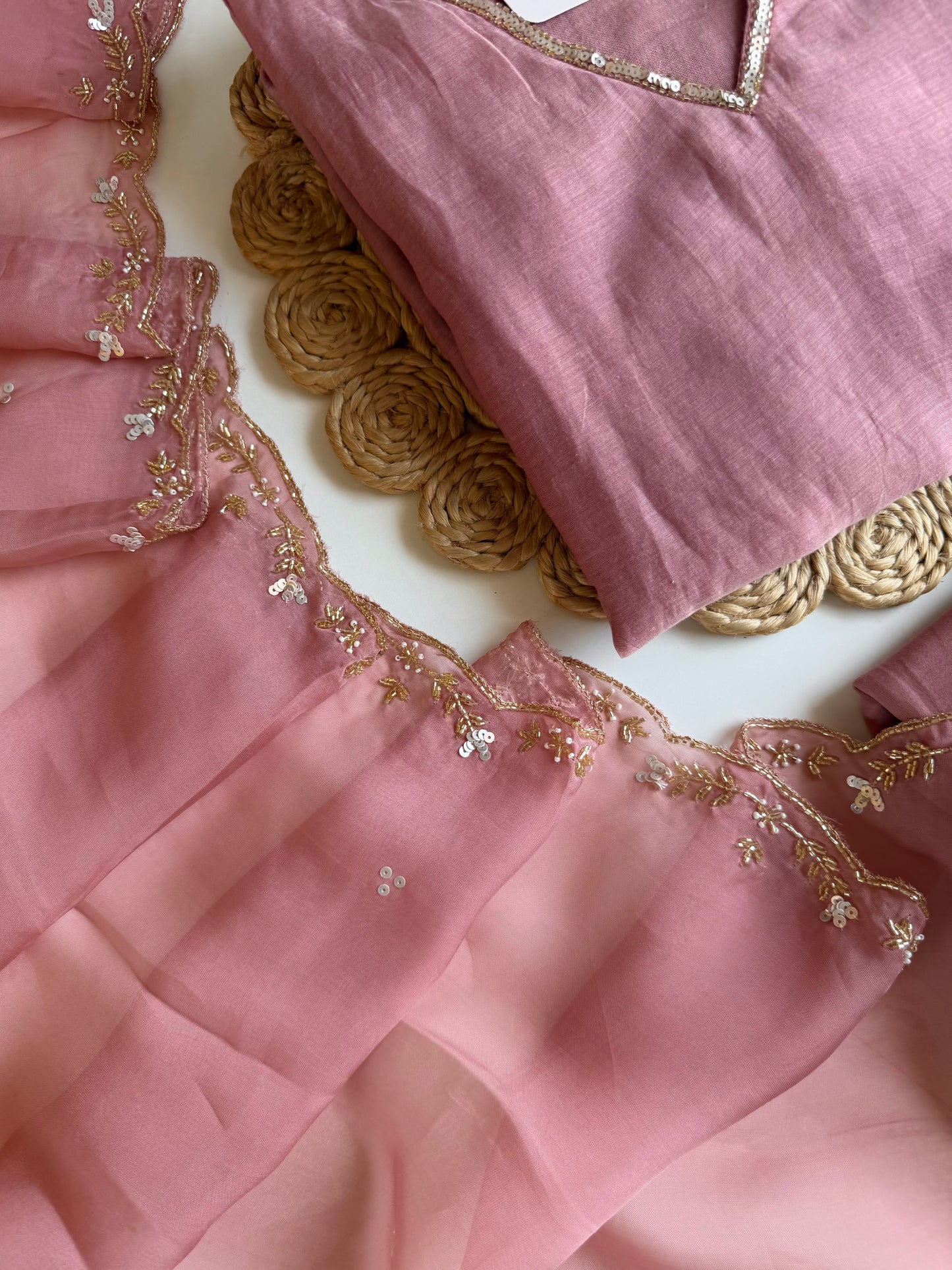 K248 - Mul chanderi handwork aline Kurti with pants and dupatta