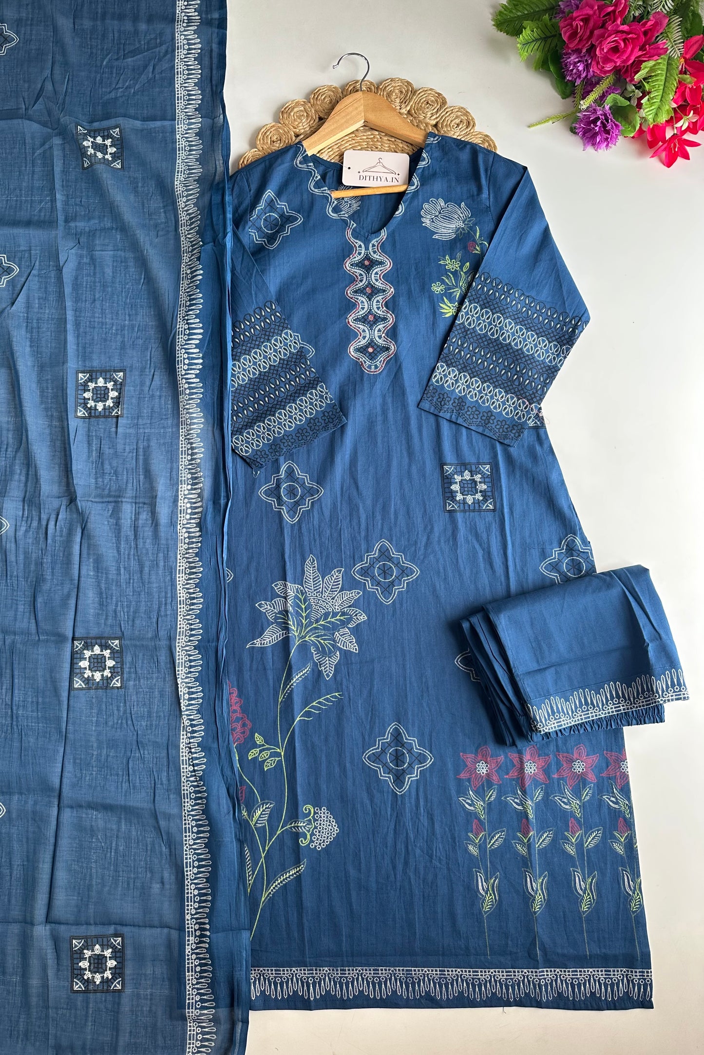 K418 - Mul cotton printed straight Kurti with pants and dupatta