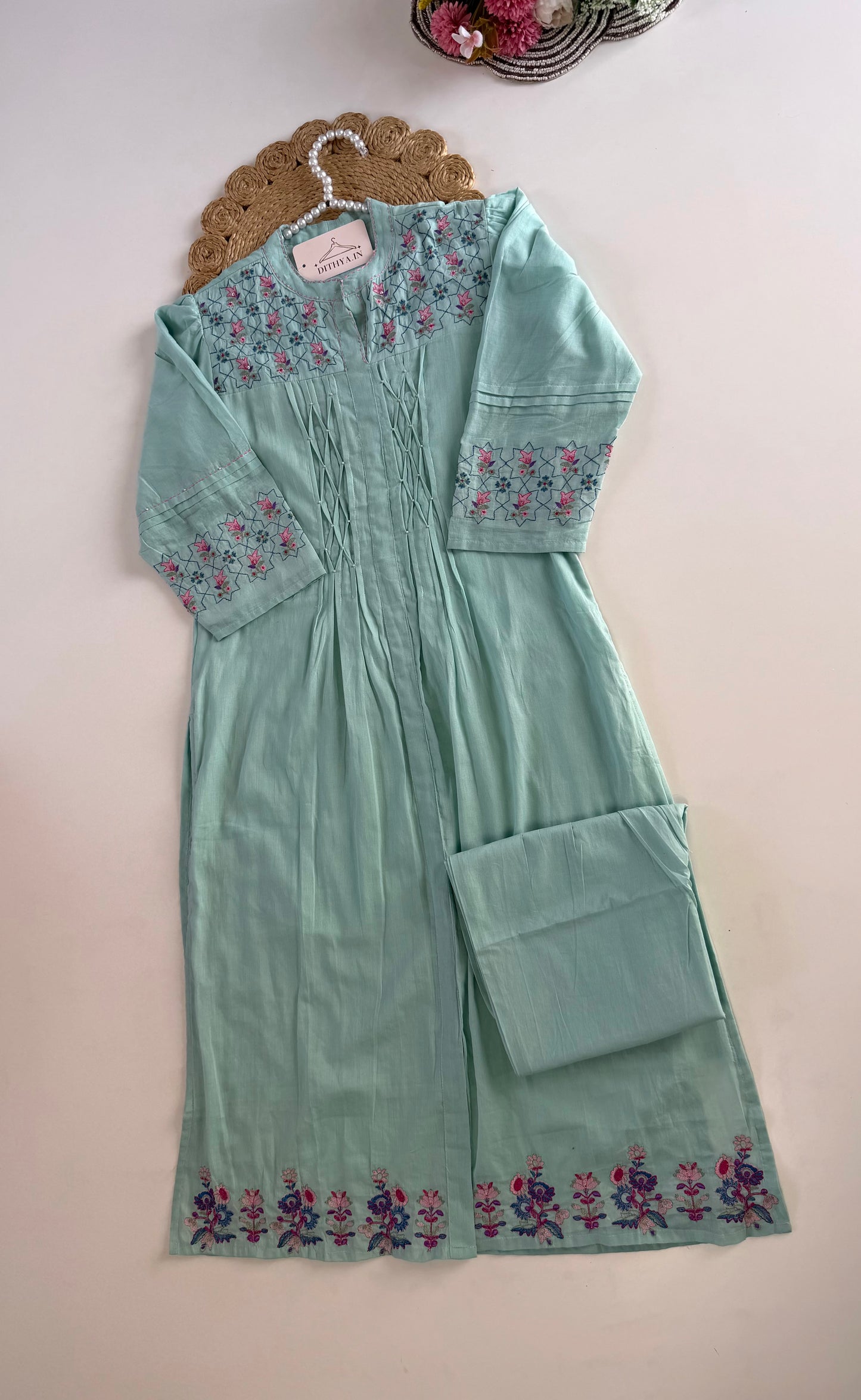 K621 - Mul cotton embroidered Aline Kurti with pants