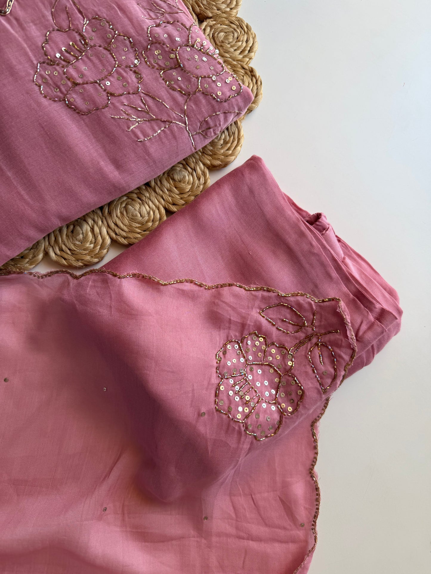 K103 - Mul chanderi handwork aline Kurti with pants and dupatta