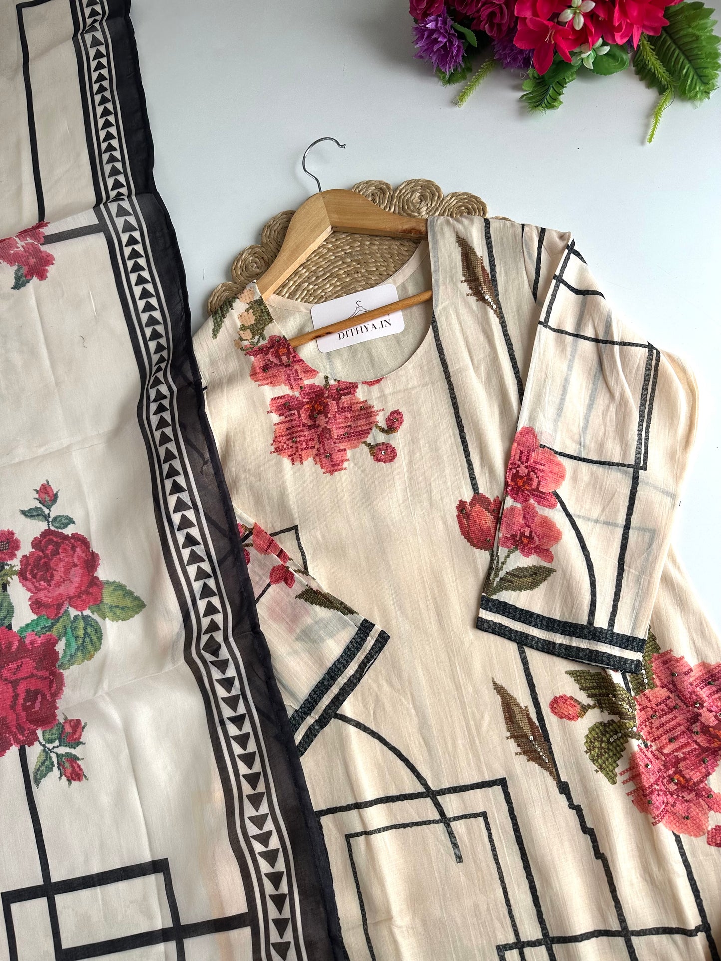 K694 - Mul cotton printed straight Kurti with pants and dupatta