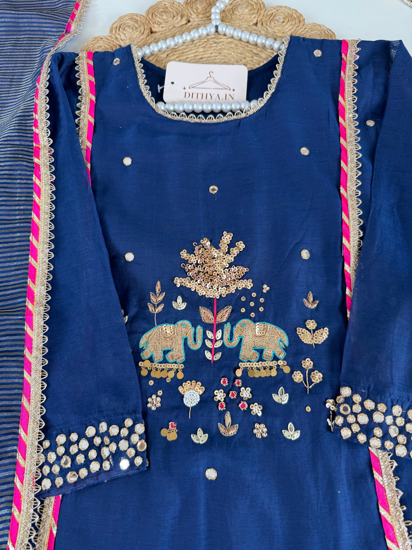 K118 - Mul chanderi handwork aline Kurti with pants and dupatta