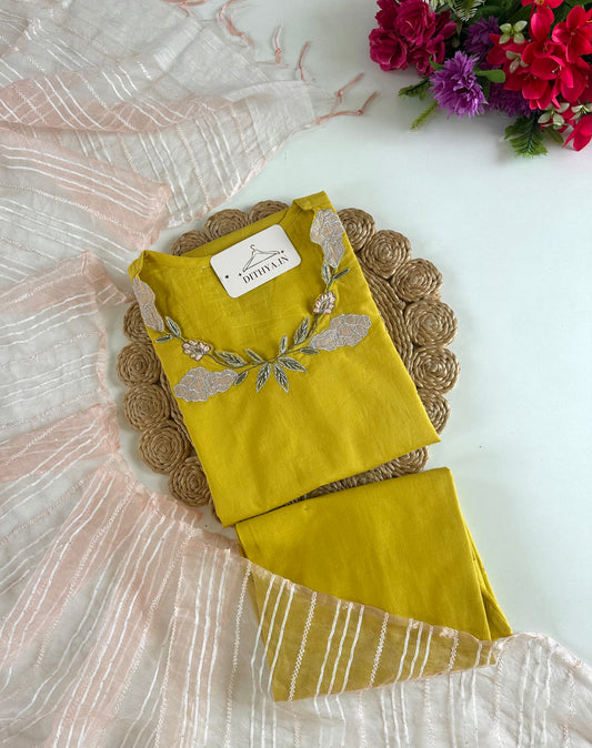 K271 - Mul cotton embroidered straight Kurti with pants and dupatta