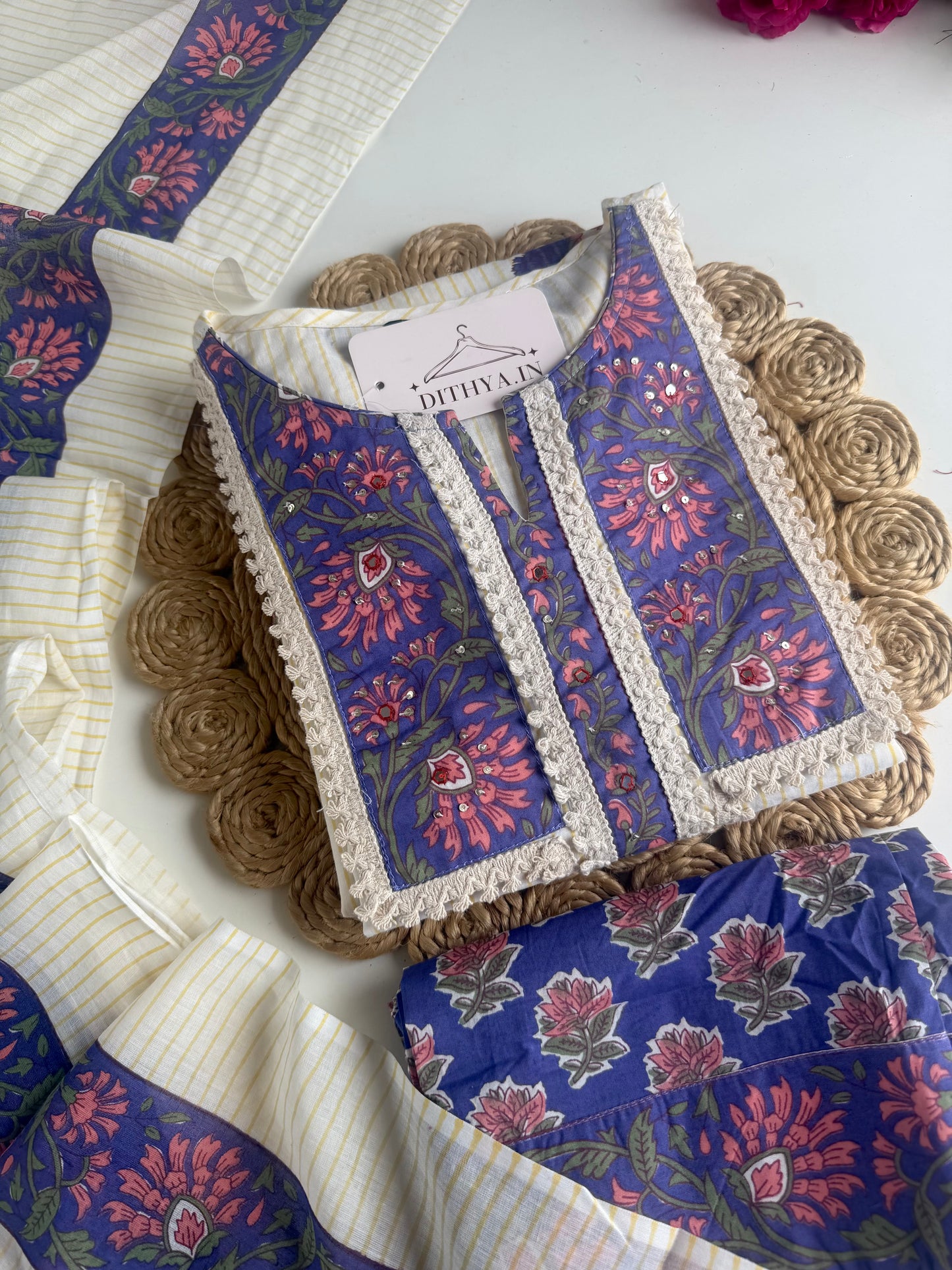 K344 - Mul cotton embroidered Aline Kurti with pants and dupatta
