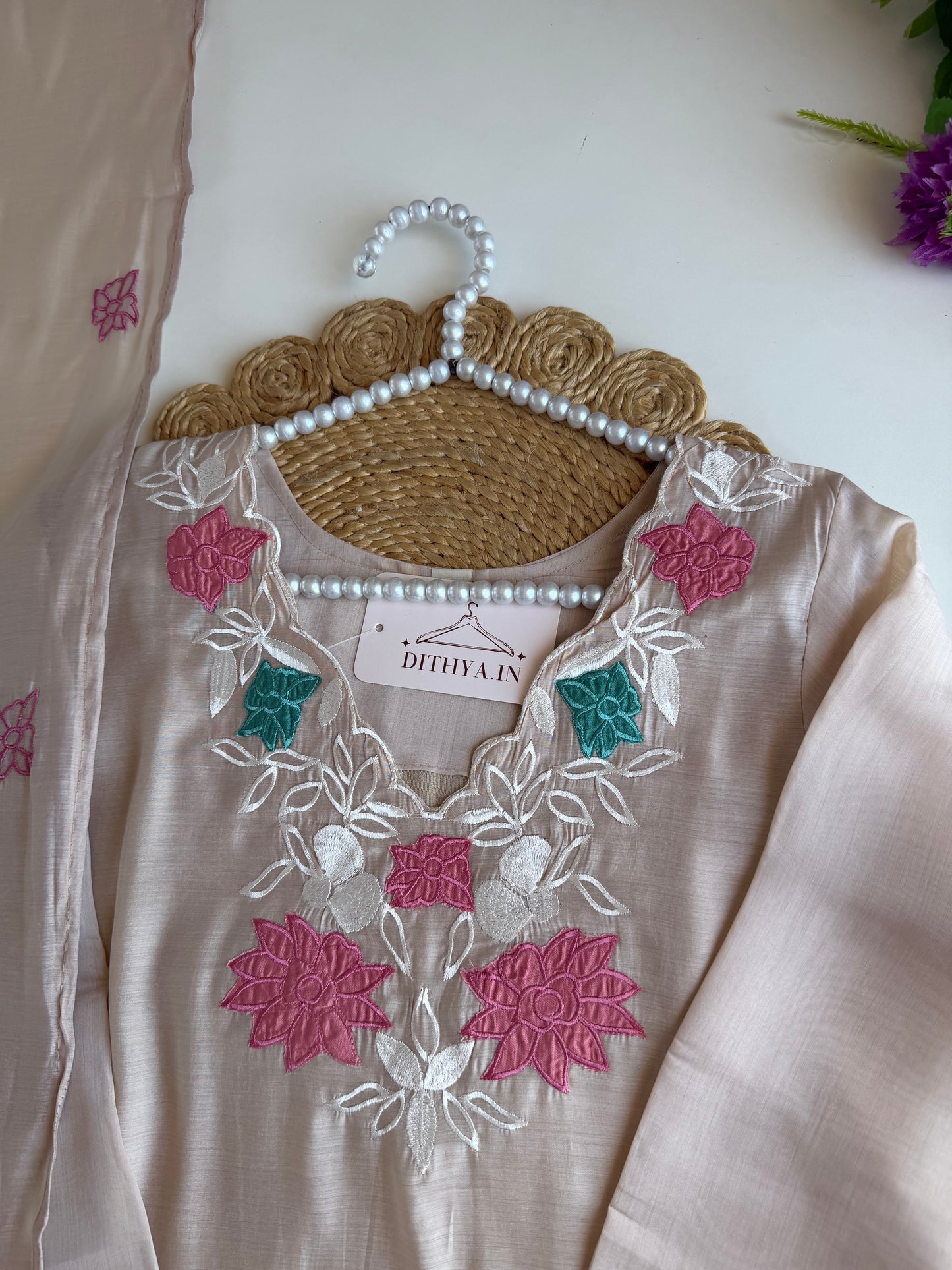 K577 - Surat mul chanderi appliqué work straight Kurti with pants and dupatta