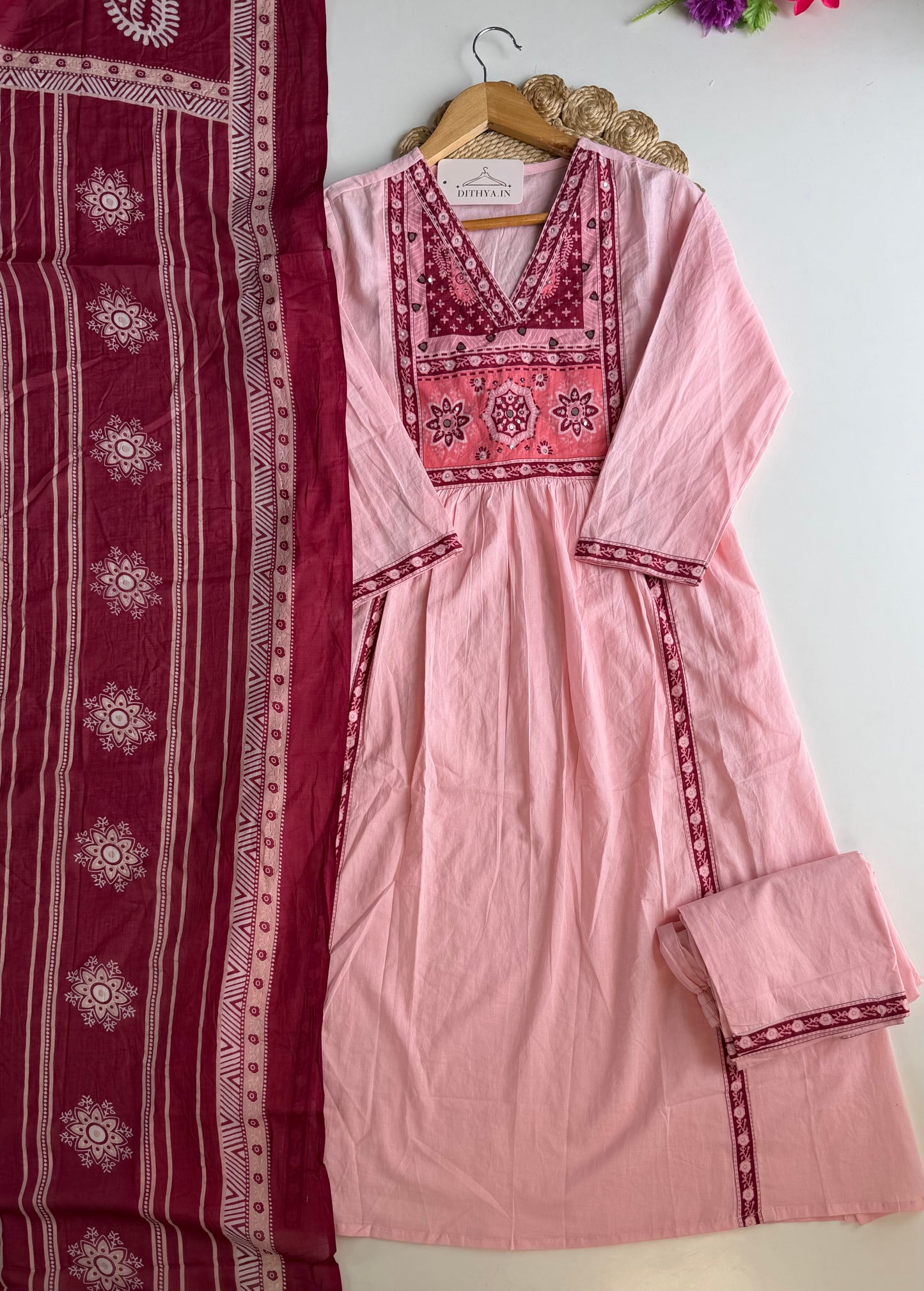 K349 - Mul cotton embroidered Anarkali with pants and dupatta