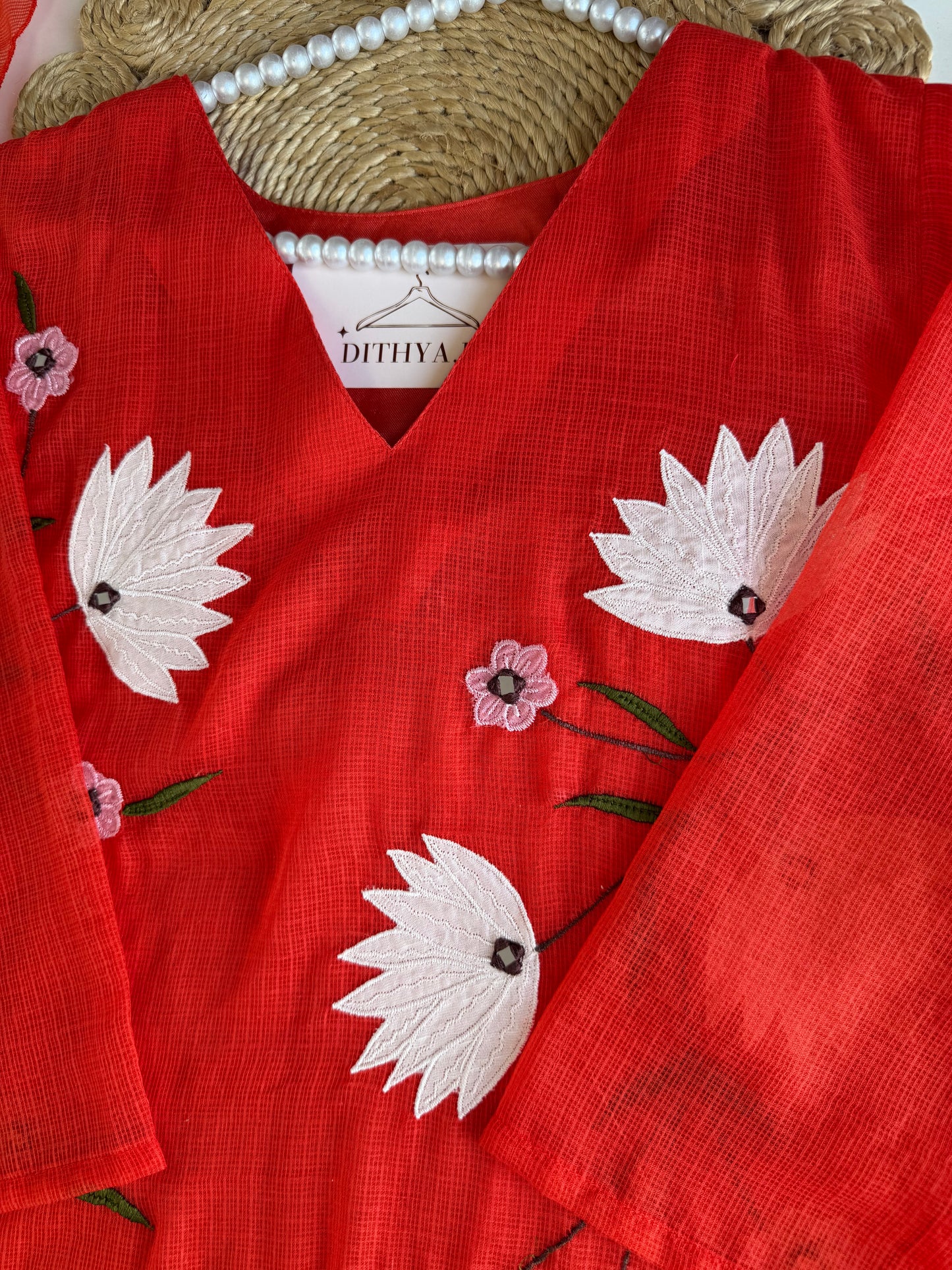 K295 - Kota doriya appliqué Aline Kurti with pants and dupatta