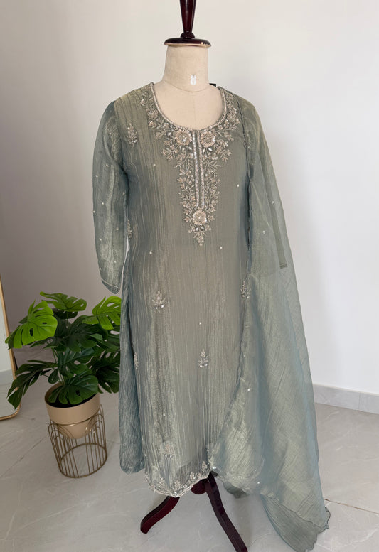 K712 - Glass crush tissue handwork Anarkali with pants and dupatta in 2 colours