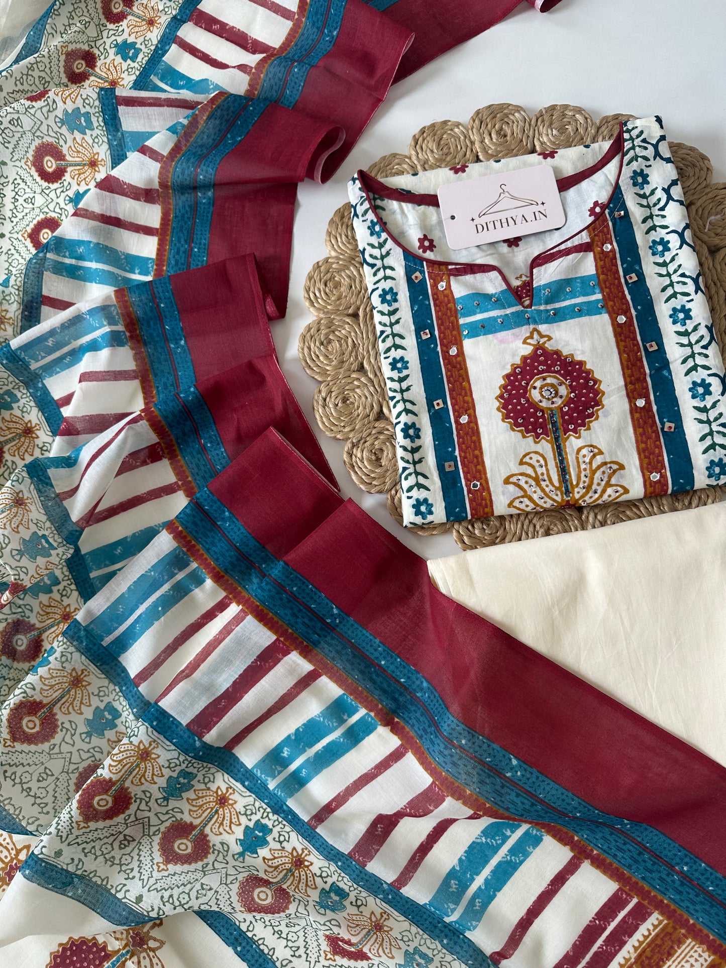 K687 - Mul cotton printed straight Kurti with pants and dupatta