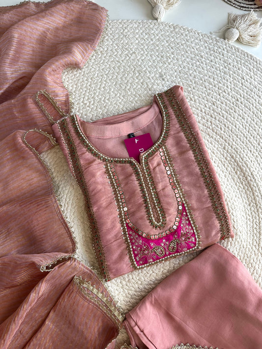 K421 - Tissue silk handwork straight Kurti with pants and dupatta in 2 colours